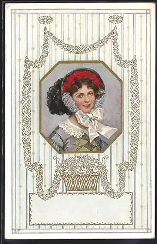 AK Frauenportrait mit Hut und Schleife, Biedermeier