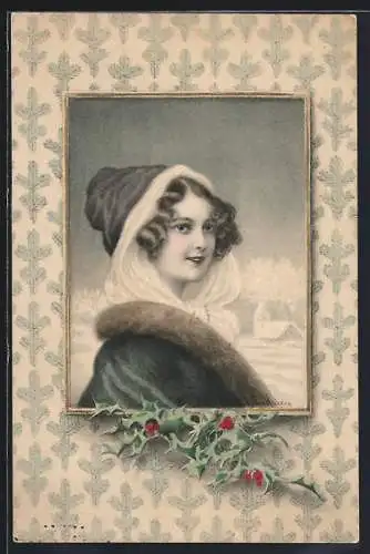 Künstler-AK M. Munk Nr. 229: Fröhliche Weihnachten - Junge Frau vor Schneelandschaft, Stechpalme