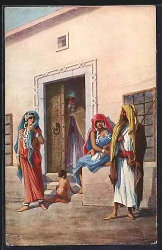 AK Araberinnen mit Kind an der Haustür, arabische Volkstypen