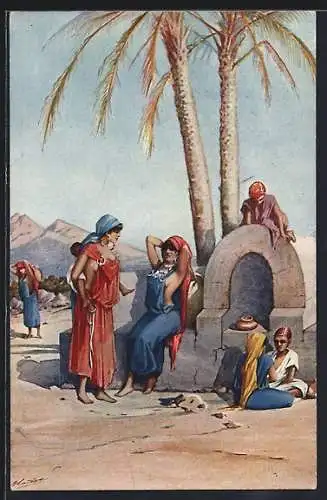 Künstler-AK Arabische Frauen und Kinder am Brunnen
