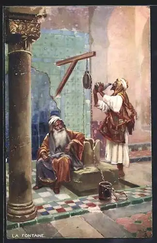 AK Morocco, The Well, La Fontaine, arabische Volkstypen