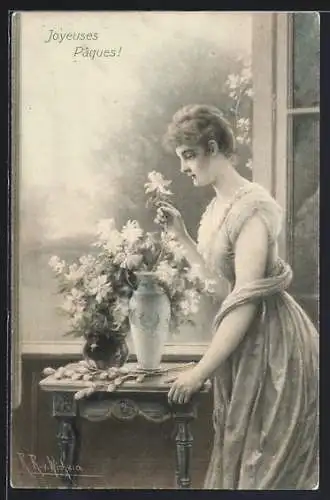 Künstler-AK Wichera: Frau an einer Blumenvase am Fenster, Ostergruss