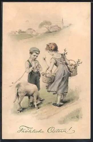 Künstler-AK H. Schubert: Mädchen mit einem Osterkorb gibt dem Hirtenjungen ein Ei, Ostergruss