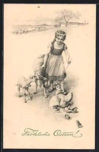 Künstler-AK M. Munk Nr. 434: Mädchen mit Osterküken und Schafen, Fröhliche Ostern