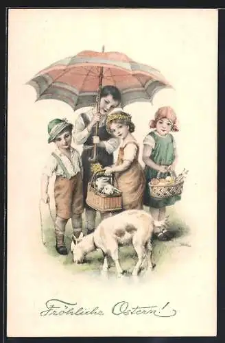 Künstler-AK H. Schubert: Kinder unterm Regenschirm mit Lamm und Häschen im Korb