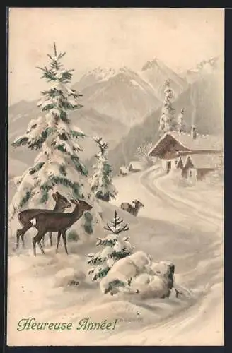 Künstler-AK R.Ulreich: zwei Rehe vor einem Haus im Schnee