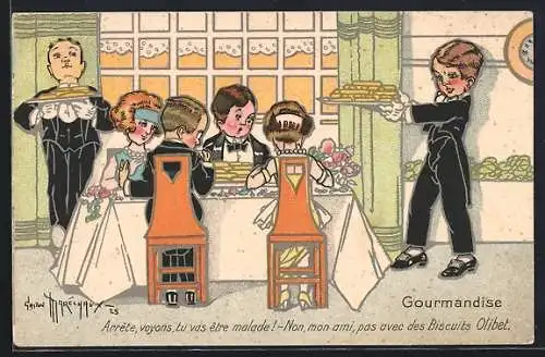 Künstler-AK sign. Marechaux: Reklame für Biscuits Olibet, Kleine Gourmets an einer reichgedeckten Tafel