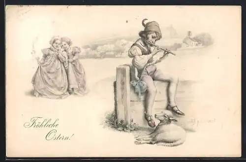 Künstler-AK H. Schubert: Hirtenjunge spielt auf seiner Flöte, Fröhliche Ostern