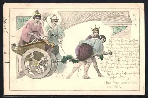 AK Männer transportieren eine Dame in ihrem Streitwagen, Jugendstil