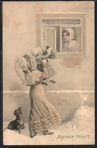 Künstler-AK H. Schubert: Dame mit Kind und Dackel am Fenster bei Frau, Weihnachtsgruss