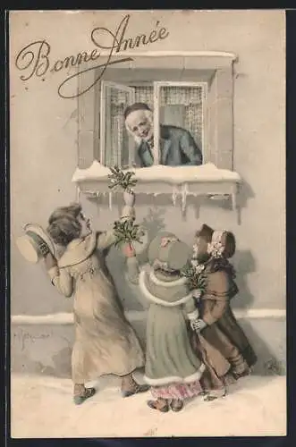 Künstler-AK H. Schubert: Kinder mit Zweigen bei älterem Mann am Fenster, Neujahrsgruss