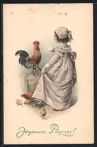 Künstler-AK H. Schubert: Mädchen mit Palmzweigen und Hahn