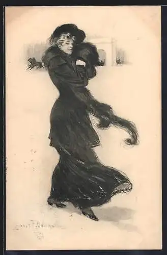 Künstler-AK Clarence F.Underwood: Schöne junge Frau trägt im kalten Wetter ein Pelzschal