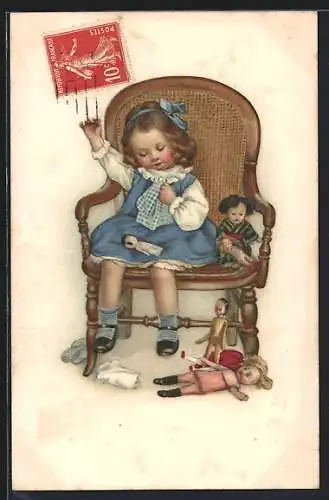 AK Mädchen näht Kleidung für Puppen