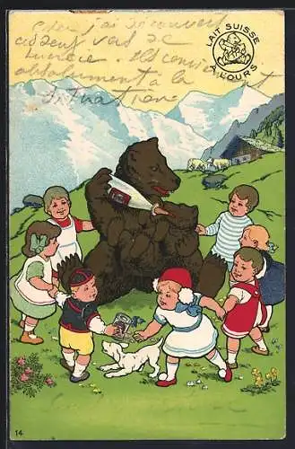 AK Lait Suisse Á l`ours, Kinder tanzen um Bären, Milch-Reklame