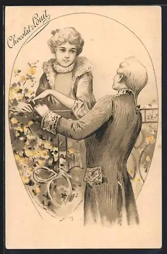 Lithographie Junger Mann macht einer Dame den Hof, Chocolat-Louit