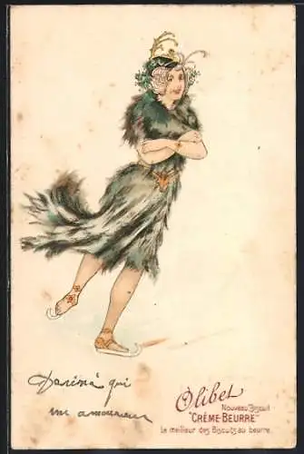 Lithographie L`Hiver, Schlittschuhläuferin, Allegorie