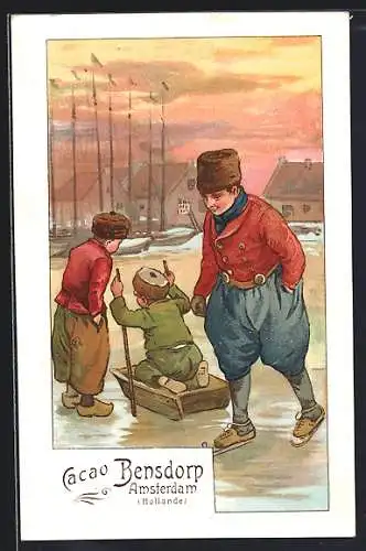 Lithographie Cacao et Chocolat Bensdorp, Amsterdam, Schlittschuhlaufen