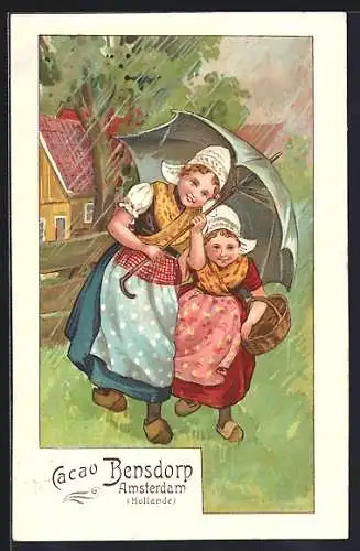 Künstler-AK Amsterdam, Cacao Bensdorp, Holländerin mit Kind unterm Regenschirm