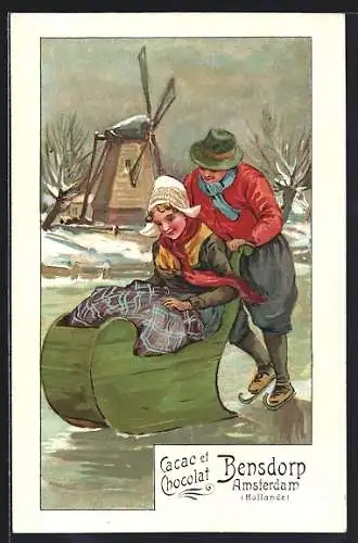 AK Kakao Bensdorp, Amsterdam, zwei Holländer auf der Eisbahn