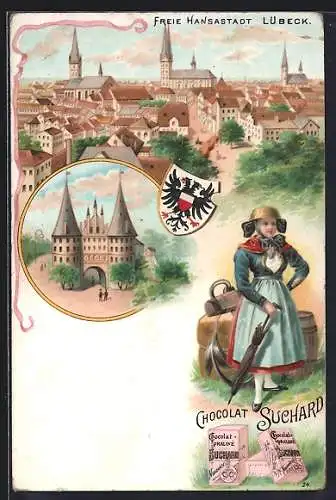 Lithographie Lübeck, Teilansicht der Hansestadt, Reklame für Chocolat Suchard