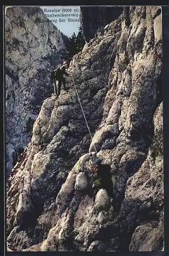 AK Raxalpe, Akademikersteig und Querung der Rinne mit Bergsteigern