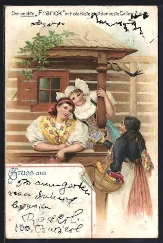 Lithographie Kaffee, Der aechte Franck in Holz-Kisteln ist der beste Caffee-Zusatz, Frauen in Trachten mit Verkäuferin