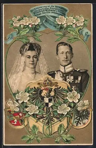 AK Kronprinz Wilhelm von Preussen mit Herzogin Cecilie v.Meklenburg-Schwerin, Erinnerung a.d.Vermählung 1905, Wappen