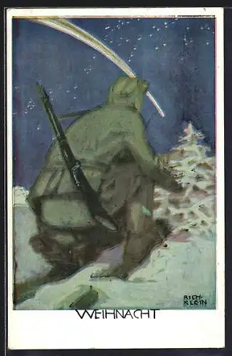 Künstler-AK Richard Klein: Weihnacht, Soldat mit Ski und Gewehr im Schnee