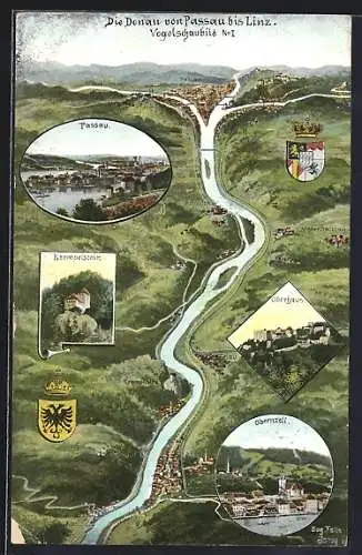 Künstler-AK Eugen Felle: Passau, Die Donau bis Wien aus der Vogelperspektive