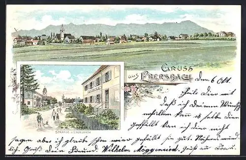 Lithographie Ebersbach / Obergünzburg, Strassenpartie an der Schule