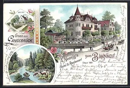 Lithographie Langebrück, A. Hennig`s Hotel & Restaurant zum Bahnhof