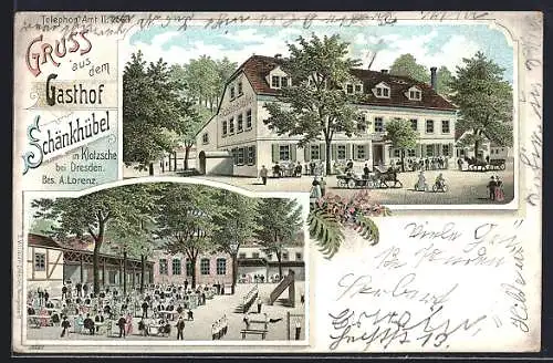 Lithographie Dresden-Klotzsche, Gasthof Schänkhübel mit Gartenlokal