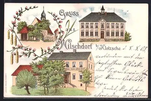 Lithographie Wilschdorf b. Klotzsche, Restauration zum alten Graf, Kirche
