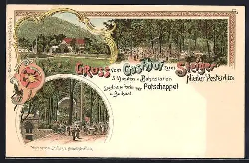 Lithographie Niederpesterwitz /Freital, Gasthof zum Steiger, Weisseritz-Stollen und Musikpavillon
