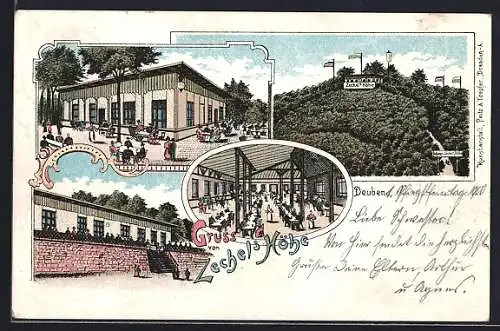 Lithographie Deuben / Dresden, Zechel`s Höhe, Aussen- und Innenansicht
