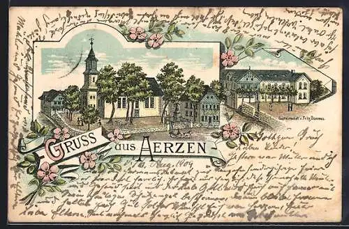 Lithographie Aerzen, Gastwirtschaft v. Fritz Dommes, Kirche