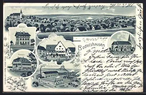 Lithographie Bodelshausen, Bahnhof, Mechan. Buntweberei, Post, Pfarrhaus
