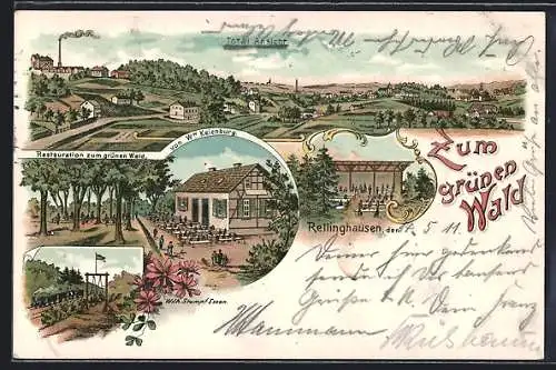 Lithographie Rellinghausen, Restaurant zum grünen Wald v. Ww. Keienburg, Totalansicht vom Ort
