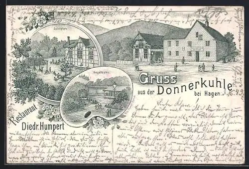 Lithographie Hagen /Westfalen, Gasthof Donnerkuhle v. Diedr. Humpert, Kegelbahn, Spielplatz