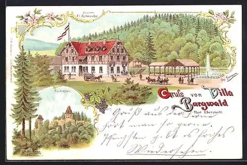 Lithographie Eberstadt / Bergstr., Pferdekutschen am Gasthaus Tilla burgwald v. Fr. Schneider, Burg Frankenstein