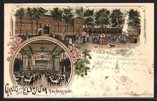 Lithographie Halberstadt, Gasthof Elysium mit Garten