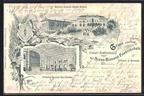 Lithographie Berlin-Friedrichshain, Concert-Etablissement der Actien-Brauerei Friedrichshain, Inh. E. Niemann