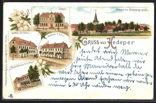 Lithographie Hedeper, Gasthof v. H. Bötel, Gasthof v. Chr. Peters, Schule