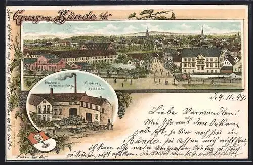 Lithographie Bünde i. W., Gesamtansicht, Brennerei & Weingrosshandlung Wortmann & Rodenberg, Brauerei