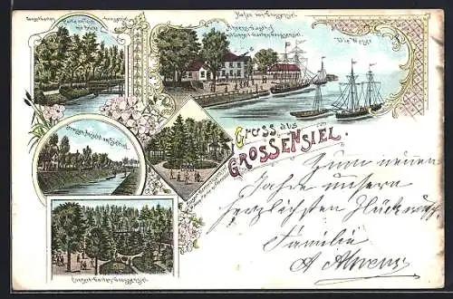 Lithographie Grossensiel, Ahrens Gasthof, Conzert-Garten, Schiffe auf der Weser