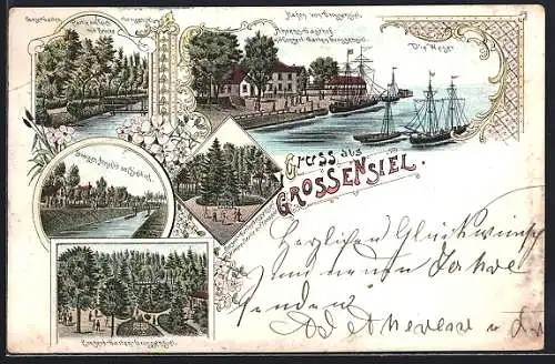 Lithographie Grossensiel, Ahrens Gasthof, Hafen, Conzert-Garten
