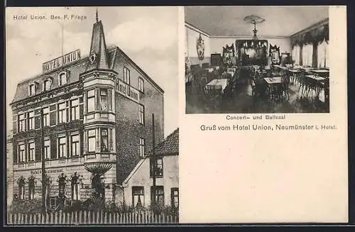 AK Neumünster i. Holst., Hotel Union, Bes. F. Fliege, Concert- und Ballsaal