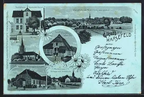 Lithographie Harsefeld, Gasthof zum Deutschen Kaiser, Schulstrasse mit Ww. Brüggemanns Gasthof