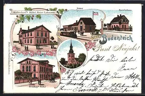 Lithographie Bodenteich, Bahnhof, Bahnhofs-Hotel v. Heinr. Lahmann, Kruskops Hotel